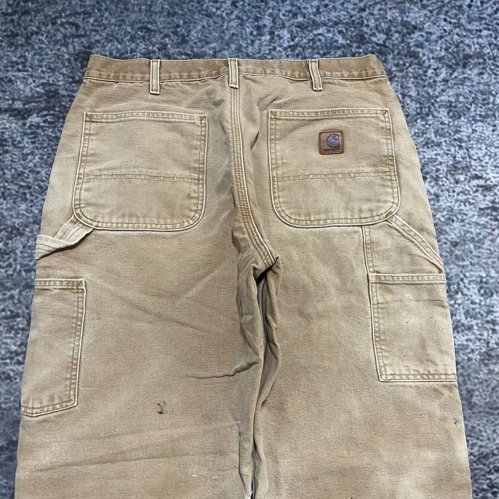 VTG Carhartt Carpenter Pants Tan 34x29 Distressed Faded Flannel Lined B111‎ BRN - Picture 3 of 16